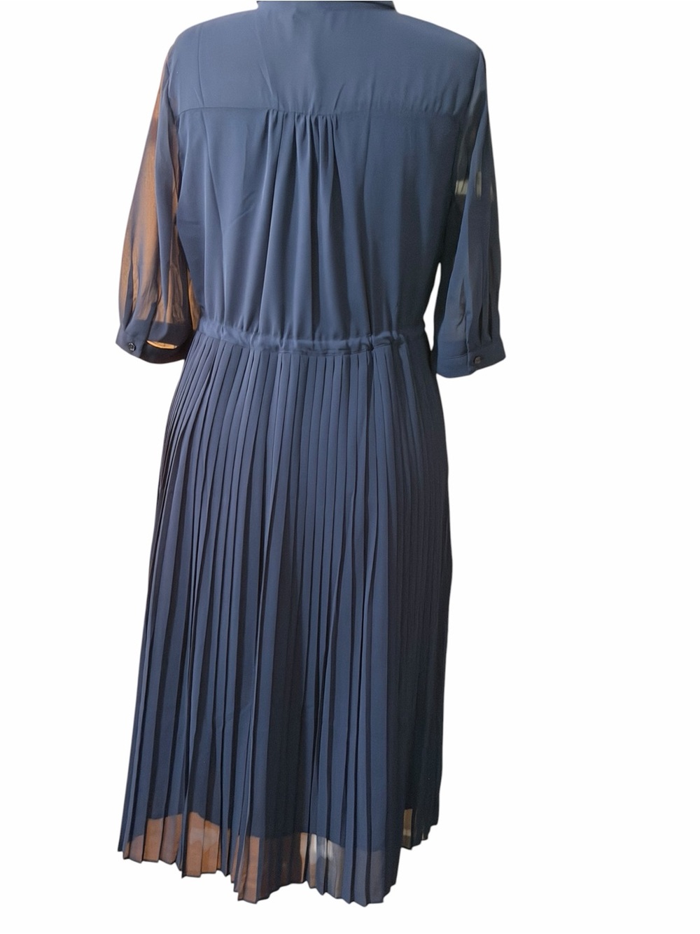 Pleated Navy Midi Shirt Dress with Tie Waist - Picture 2 of 4